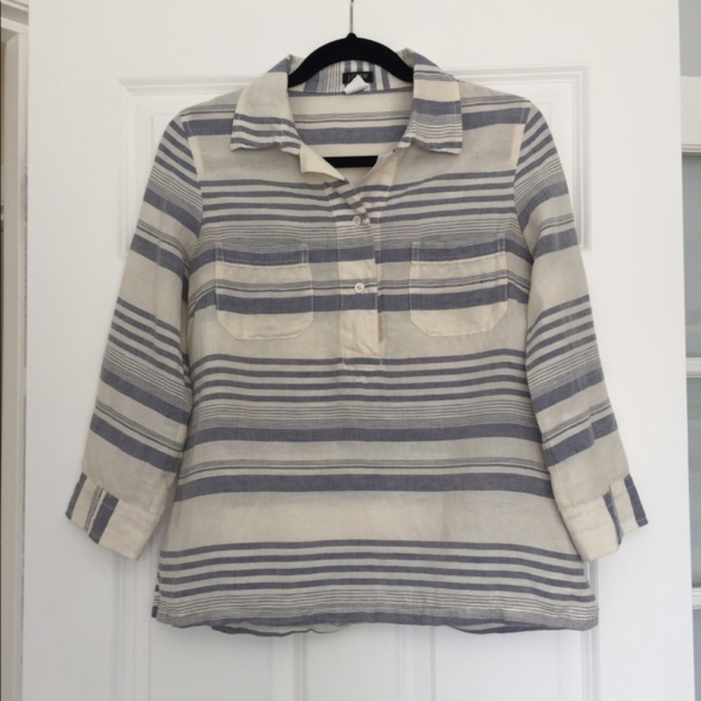 J. Crew Blue and White Linen Blend Top